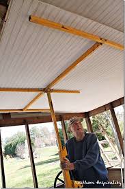 Porch Progress Adding The Beadboard Ceiling Southern Hospitality Beadboard Ceiling Porch Ceiling Patio Ceiling Ideas