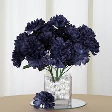 Beautiful real touch flower arrangement design has twelve real touch roses in a square vase filled with faux water. 12 Bush 84 Pcs Navy Blue Artificial Silk Chrysanthemum Flowers Efavormart