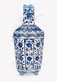 Blue Chinese Chinoiserie Pottery Watercolor Series, No 29 by Adam Asar  watercolor by Ahmet Asar Painting by Celestial Images