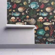 Ocean Fish Wallpaper Black Teal Coral Red Removable Peel And Etsy Fish Wallpaper Wallpaper Teal Coral