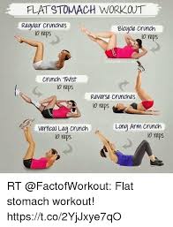Follow the steps detailed below to properly perform this exercise. Flat Stomach Workout Regular Crunches O Reps Bicucle Crunch 0 Reps Crunch Twist O Reps Reverse Crunches Vertical Leg Cronch O Reps Long Arm Crunch O Reps Rt Flat Stomach Workout Httpstco2yjjxye7qo