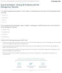 Quiz Worksheet Solving 3d Problems With The Pythagorean Theorem Study Com