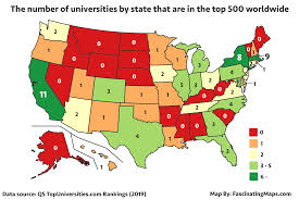 Colleges in the state, including the university of california and california state university have been ranked highly by publications like money magazine for high average student sat scores, tuition cost, percentage of students receiving state grants, and average starting salaries of graduates. The Number Of Top 500 Universities By U S State Mapporn