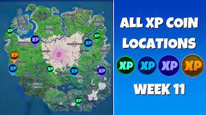 All 10 Xp Coins Locations In Fortnite Season 5 Chapter 2 Week 11 Green Blue Purple And Gold Youtube