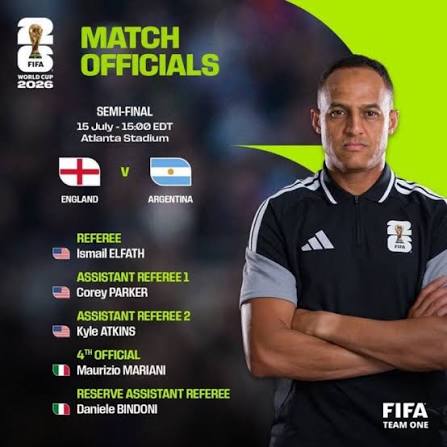 🚨 O &aacute;rbitro norte-americano Ismail Elfath foi escolhido para apitar o jogo entre Inglaterra e Argentina.