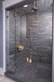 Let The This Gray Shower With Interlocking Slate Tiles Rain On Your Parade Beautifulbath Conn Modern Shower Design Grey Bathroom Tiles Bathrooms Remodel
