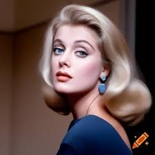 Laura pulver as irene adler in 1960, black-haired, fancy lightblue dress,  golden necklace, blind woman, blindfolded, blue backdrop