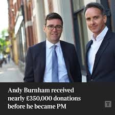 Andy Burnham received campaign funding and support worth nearly £350,000 in  the four months before he became prime minister, including £35,000 from his  former mayoral adviser Sacha Lord, new filings have revealed.