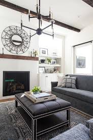 Dulux colour of the year 2015: Dark Gray Velvet Sofa With Black Leather Tufted Bench Transitional Living Room