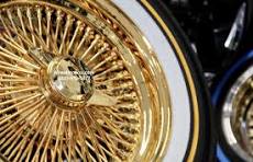 New 17" All 24kt GOLD 100 Spoke Standard Dish True knockoff Wire Wheels &  Vogue Whitewall Yellow Stripe 215-55-17 Tires Classic Style Complete Set of  ...