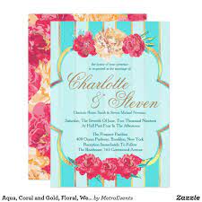 Aqua Coral And Gold Floral Wedding Invitations Zazzle Com Wedding Invitations Gold Wedding Invitations Invitations