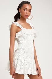 Biscay White Ruffled Eyelet Lace Sleeveless Dress Mini Dress With Sleeves White Lace Skater Dress Cute White Dress
