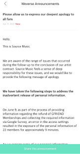 Weverse is a global fan community platform launched by benx, an entertainment platform company . Weverse Apologizes To Gfriend S Fans Regarding The Sudden Conclusion Of Artist Contract And The Leak Of Personal Information Koreaboo