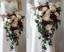 This fall wedding bouquet would make your fall wedding look so much more creative and beautiful. Burgundy Wine Sola Flower Bridal Cluster Cascade Bouquet Etsy Flower Bouquet Wedding Sola Flower Bouquet Wedding Bouquets