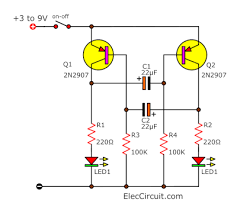 Part list and circuit diagram. Led Flashers Circuits And Projects Using Transistor Eleccircuit Com