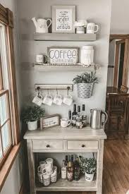 This coffee bar uses rustic wood to make narrow countertop and wall shelf. How To Create A Practical Airbnb Coffee Bar Guests Love