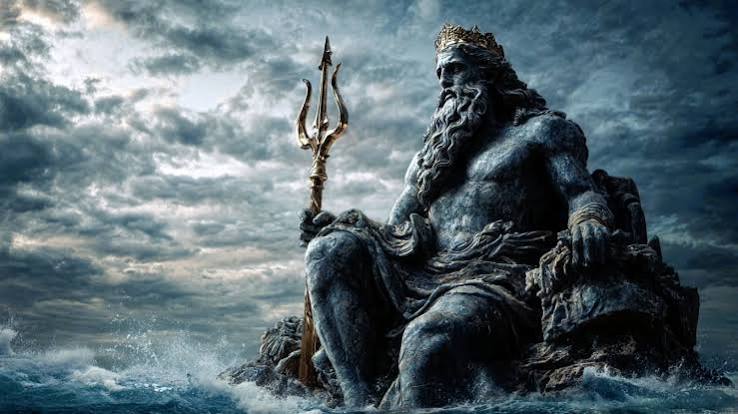 Free picture: Poseidon, the Greek god of the sea, statue of ancient Greek  God sitting on on cliff in water and holding a trident