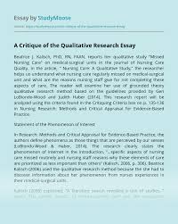 Qualitative research paper 1 sample of the qualitative research paper in the following pages you will find a sample of the full bgs research qualitative paper with each section or chapter as it might look in a completed research paper beginning with the title page and working through each chapter and section of the research paper. A Critique Of The Qualitative Research Free Essay Example
