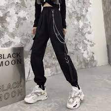 Брюки-карго женские с цепочкой, уличная одежда, Джоггеры в стиле панк,  облегающие брюки-султанки до щиколотки, черные, весна-лето 2023 | AliExpress