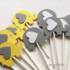 Elephant Cupcake Toppers Bright Yellow Grey Baby Shower Etsy Unisex Baby Shower Elephant Baby Shower Theme Baby Shower Themes