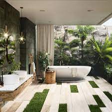 A refined vintage tropical bathroom with banana leaf wallpaper, black marble tiles, a navy vanity and touches of gold. 10 Tropical Bathroom Ideas 2021 Open And Fresh Indoor Outdoor Bathroom Outdoor Bathroom Design Outdoor Bathrooms