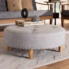 Round Light Grey Tufted Fabric Ottoman Cocktail Table In 2020 Fabric Ottoman Cocktail Ottoman Ottoman In Living Room