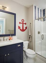 Nautical Bathroom In Navy And White With Red Anchor Wall Decor Nautical Bathroom Decor Blue Bathroom Decor Bathroom Red