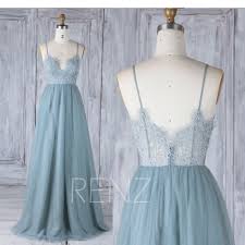 Bridesmaid Dress Dusty Blue Tulle Wedding Dress Illusion Lace Prom Dress Spaghetti Straps Maxi Dress A Blue Tulle Dress Maxi Dress Prom Tulle Bridesmaid Dress