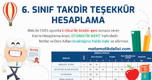 Haftalık ders çizelgesi, teog sonuçları ve karne ortalamalarına ulaşılmaktadır. E Okul 6 Sinif Takdir Tesekkur Hesaplama