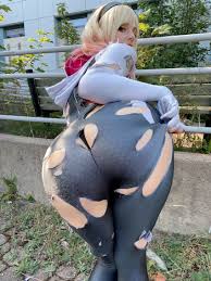 ri care, spider-gwen, marvel, real life, spider-man: into the spider-verse,  spider-man (series), spider-verse, clothes, highres, photo (medium), 1girl,  ass, black panties, blonde hair, bodysuit, cosplay, hairband, huge ass,  looking back, medium hair,