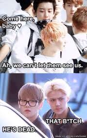 how you dare cheating on their faces baekyeol hunhan exo funny exo memes kpop exo