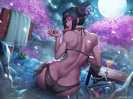 speh, blanka, han juri, capcom, street fighter, duplicate, 1girl, ass,  back, bag, bare arms, bare back, bare shoulders, bikini, black bikini,  black hair, breasts, butt crack, character doll, cherry blossoms, cocktail  glass,