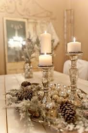 Christmas Dining Table Center Piece Silver Tray Lined With Flocked Greenery And Pinecones Three Silver Candlesticks And Whit Christmas Tablescapes Christmas Table Decorations Christmas Centerpieces