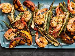 Shrimp And Okra Kebabs With Grilled Peaches And Jalapeno Bourbon Vinaigrette Recipe Recipe Grilled Peaches Wine Recipes Kebab