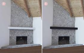 You need to lower the tv on awider lower cabinet and get some good lighting both ceiling and floor and table win the battle of the dueling focal points with a thoughtful fireplace arrangement that puts attention right where you want it. Makeover How We Replastered Our Mountain House Stone Fireplace