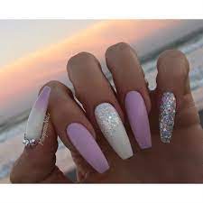 White And Lavender Coffin Nails By Margaritasnailz From Nail Art Gallery Purple Glitter Nails Lavender Nails Coffin Nails Designs