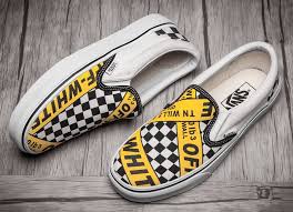 Black And White Custom Vans Slip Ons Amac Customs Off White X Vans Caution Slip On Skate Shoes Vans Vans Slip On Shoes White Slip On Vans Vans