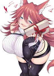 shun soku, firo (shun soku), original, shiboritoranaide onna shounin-san,  absurdres, highres, 1girl, animal ears, bare shoulders, belt, blue eyes,  blush, box, breasts, elbow gloves, fang, female focus, fingerless gloves,  fox ears, gloves,