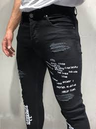 Black And Red Jeans Men Distressed Brouillon Print Ripped Jeans Black 4194 Fash Stop Black Jeans Men Mens Fashion Streetwear Black Ripped Jeans