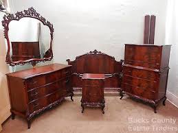 Antique 1940s French Style Beautifully Carved Flame Mahogany Bedroom Set Wooden Headboard Headboard Bedroom Vintage