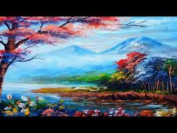 Landscape painting, also known as landscape art, is the depiction of natural scenery such as mountains, valleys, trees, rivers, and forests, especially where the main subject is a wide view—with its elements arranged into a coherent composition. Basic Acrylic Landscape Painting Lesson River With Colorful Flowers Trees Art Tips Beginner Yout Painting Landscape Paintings Acrylic Landscape Paintings