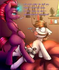 2156228 - explicit, artist:cornelia_nelson, tempest shadow, oc, oc:rough  seas, earth pony, pegasus, pony, g4, ballgag, broken horn, buttplug, canon  x oc, dialogue, dominatrix, drool, ear tag, english, female, femdom, gag,  high res,