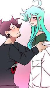 kade (down to earth), zaida (down to earth), down to earth, official art,  1boy, 1girl, artist name, blush, comic, female focus, full body, green  hair, green shirt, happy, happy aura, jacket, long