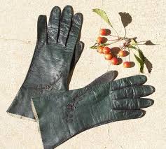 Pretty Pair Of Vintage Very Dark Nearly Black Green Kid Gloves Decorated With Spray Of Small Leaves And A Blossom Across The Leather Womens Gloves Vintage