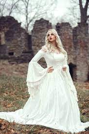 Mzych04 Vintage Renaissance White Wedding Dress Celtic Medieval Bell Sleeves Muslim Bri Renaissance Wedding Dresses Medieval Wedding Dress Gothic Wedding Dress