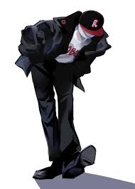 modercated, roblox, highres, 1boy, baseball cap, black hat, black jacket,  black pants, black shirt, black shoes, guest (roblox), hands in pockets,  hat, jacket, leaning forward, male focus, pants, shadow, shirt, shoes,  smile,