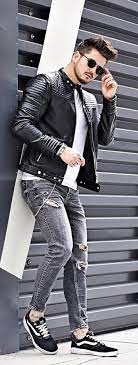 Monochrome Combo Inspiration With A Black Framed Sunglasses White T Shirt Black Leather Jacket Wrist Accessories Dis Moda Hombre Moda Estilo Estilos De Hombres