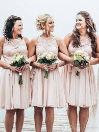 Light Pink Short Bridesmaid Dresses Vintage Lace Jewel Neck Sleevele Beach Wedding Bridesmaid Dresses Beach Bridesmaid Dresses Chiffon Bridesmaid Dresses Short