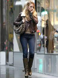 Blake Lively Casual Fashion Street Style Leather Jacket Denim Jeans Brown Boots Blake Lively Outfits Blake Lively Street Style Blake Lively Style