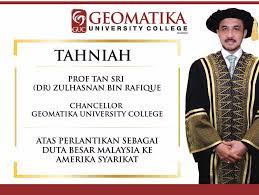 Zulhasnan, 1999 malezya genel seçimi ve parlamento üyesi olarak seçilmek üzere wangsa maju koltuğunu kazandı. Geomatika University College We Would Like To Congratulate Our Chancellor Tan Sri Dr Zulhasnan Rafique For Being Appointed By The Government Of Malaysia As The New Malaysian Ambassador To United States
